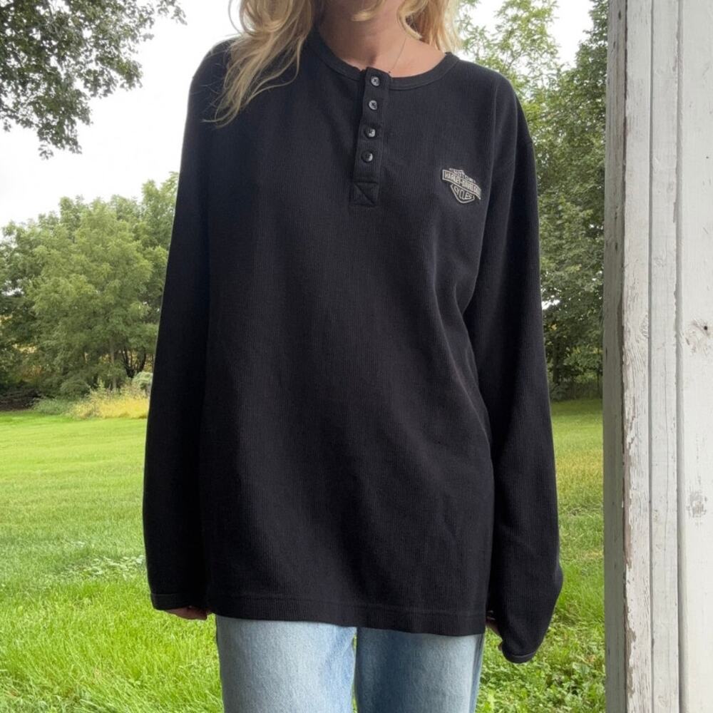 Vintage 90s Harley Davidson Thermal Henley Shirt Black Long Sleeve Mens Biker